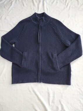 L.L. BEAN Mens Size Medium Cotton Knit Chunky Sweater Full Zip Navy | Cozy Layer